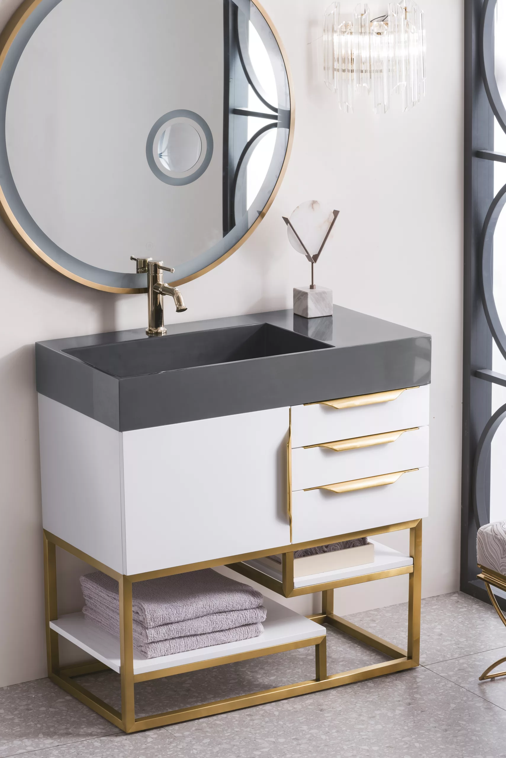 48 Columbia Single Bathroom Vanity, Glossy White w/ Radiant Gold