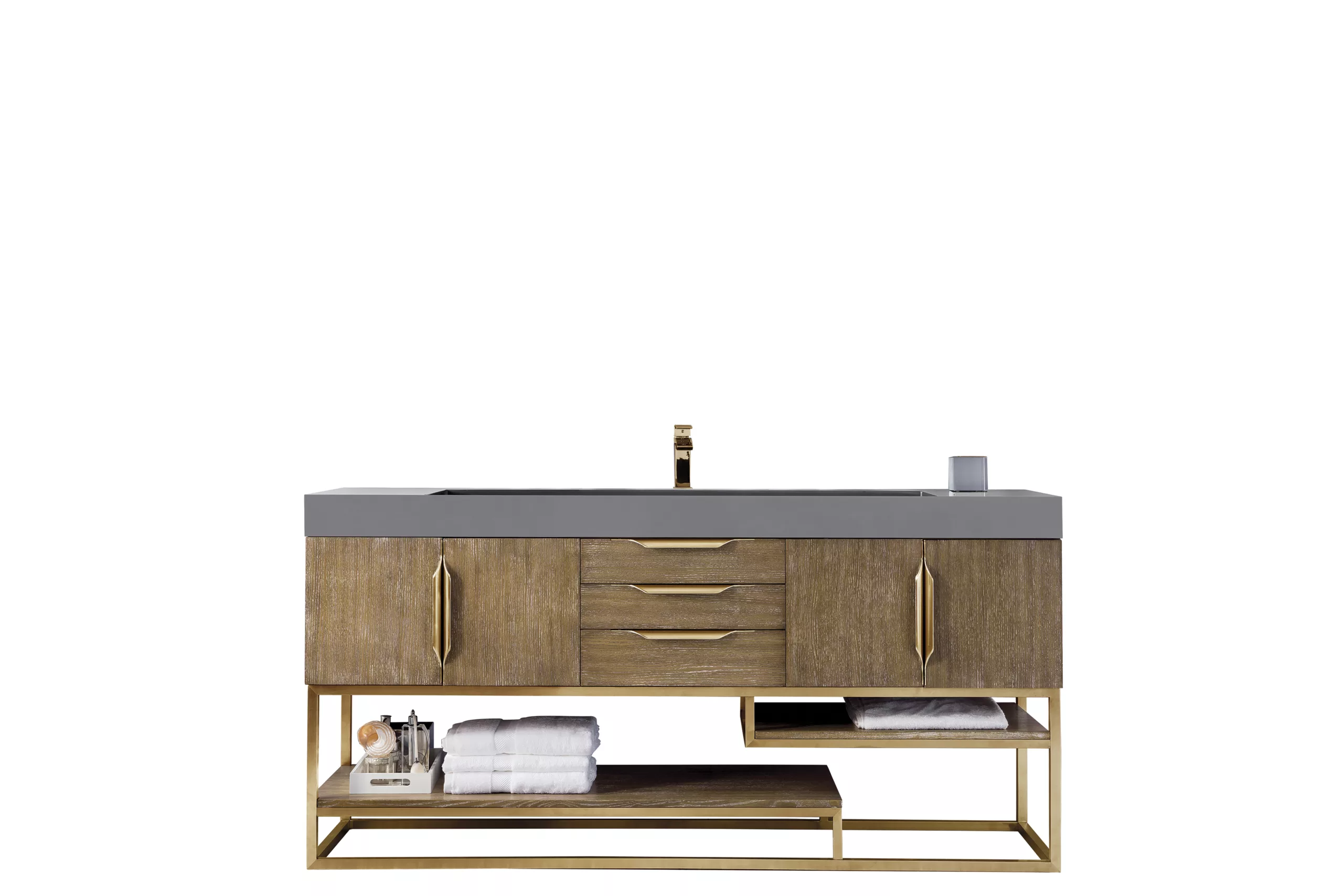 Columbia 72″ Single Vanity, Latte Oak, Radiant Gold w/ Dusk Grey Glossy  Composite Stone Top • Urban Bathroom