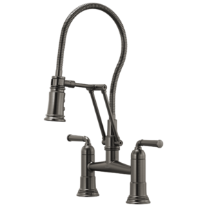 Brizo Rook®: Articulating Bridge Faucet with Finished Hose In Luxe Steel
